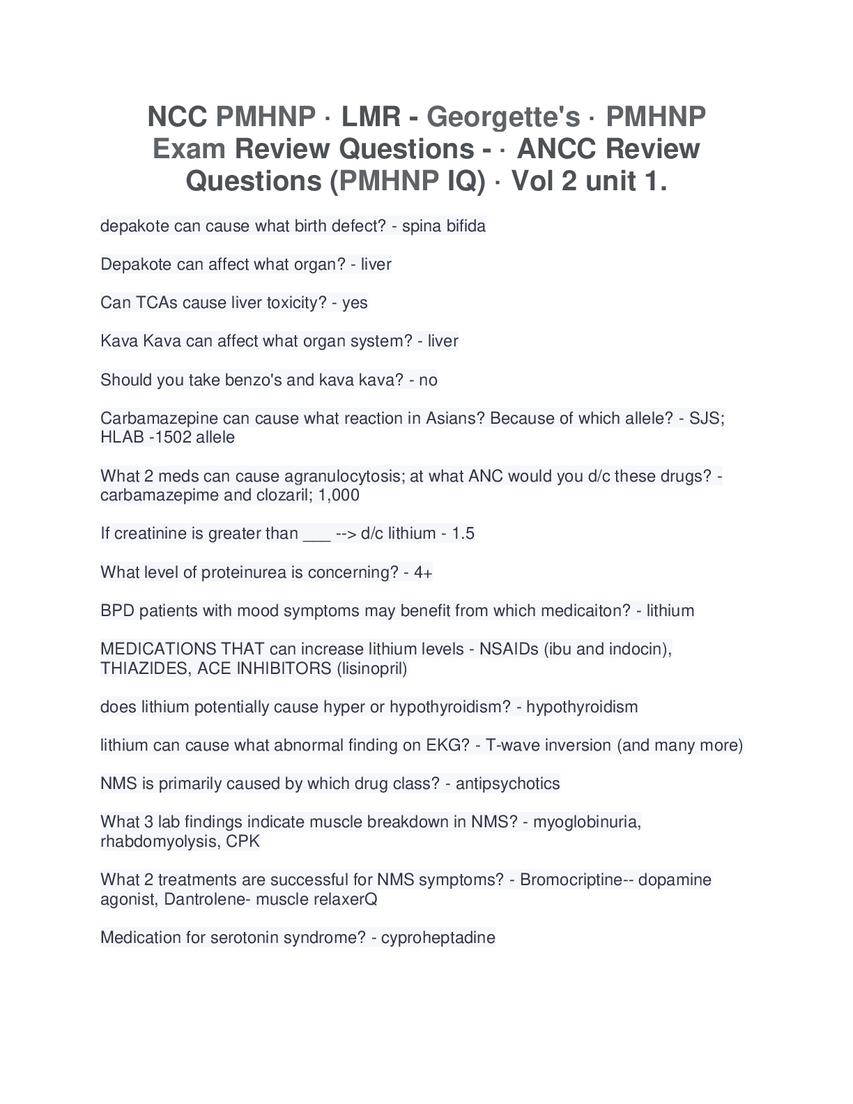 Preview image for NCC PMHNP · LMR - Georgette's · PMHNP Exam Review Questions - · ANCC Review Questions (PMHNP IQ) · Vol 2 unit 1.